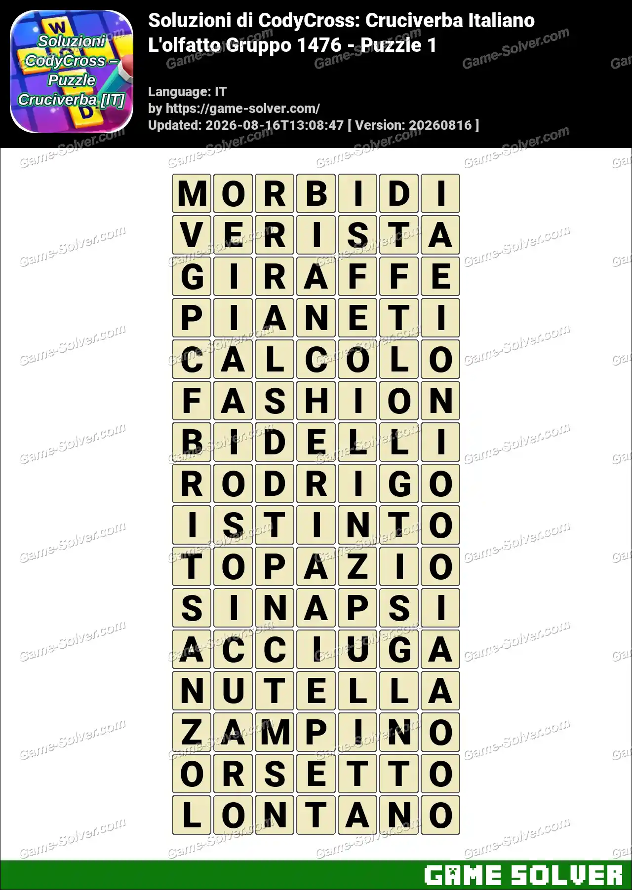 Soluzioni di CodyCross: Cruciverba Italiano L’olfatto Gruppo 1476 – Puzzle 1